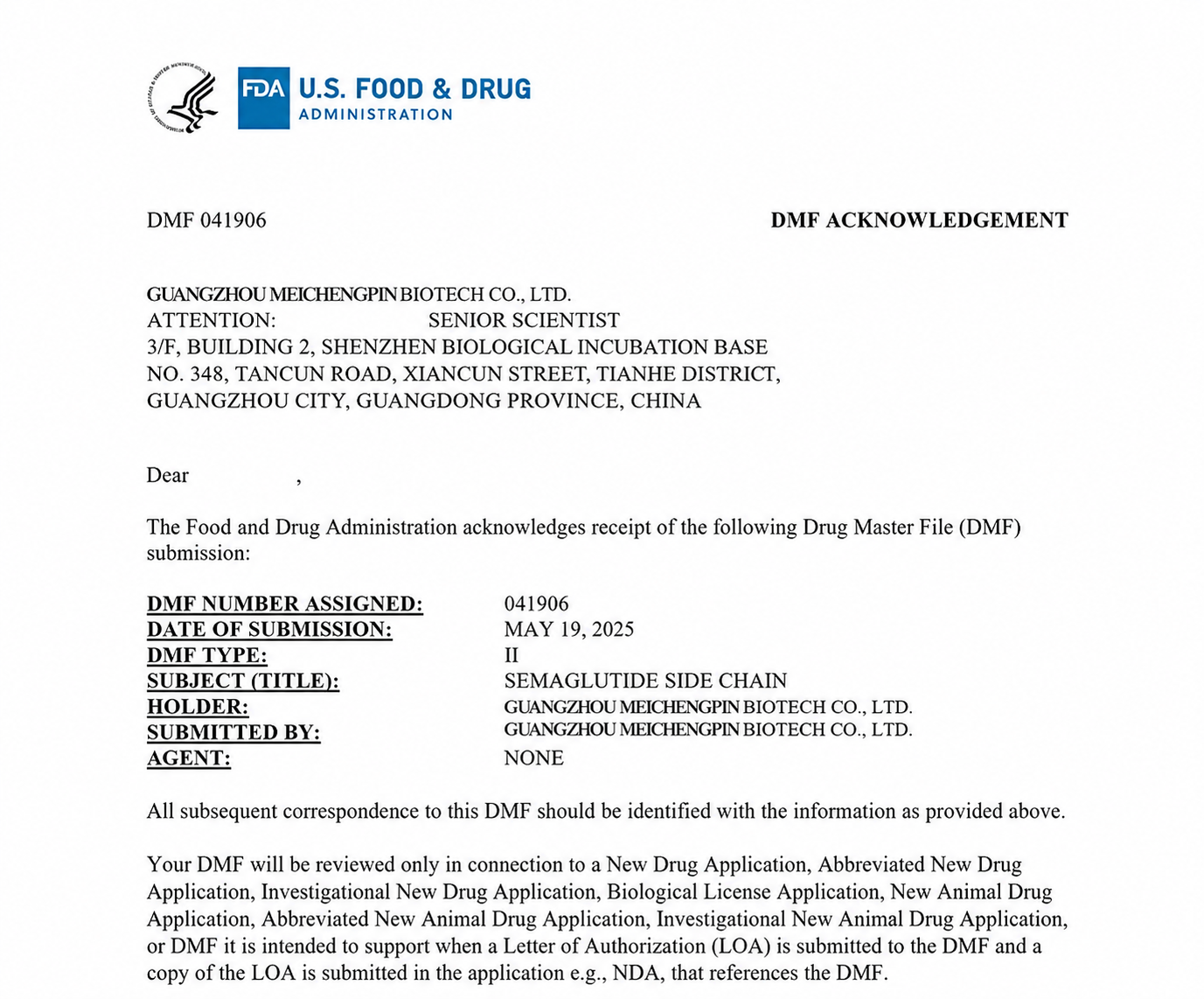 新突破！酶成品司美格鲁肽侧链通过FDA DMF备案